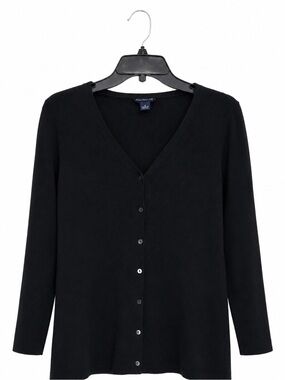 Ann Taylor Black Cardigan Medium V Neck Button Front 3/4 Sleeve Sweater